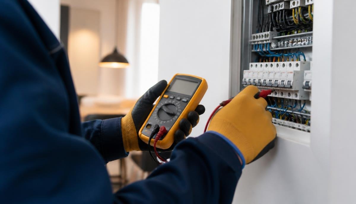 Électricien à Caen réalisant un diagnostic sur un tableau électrique